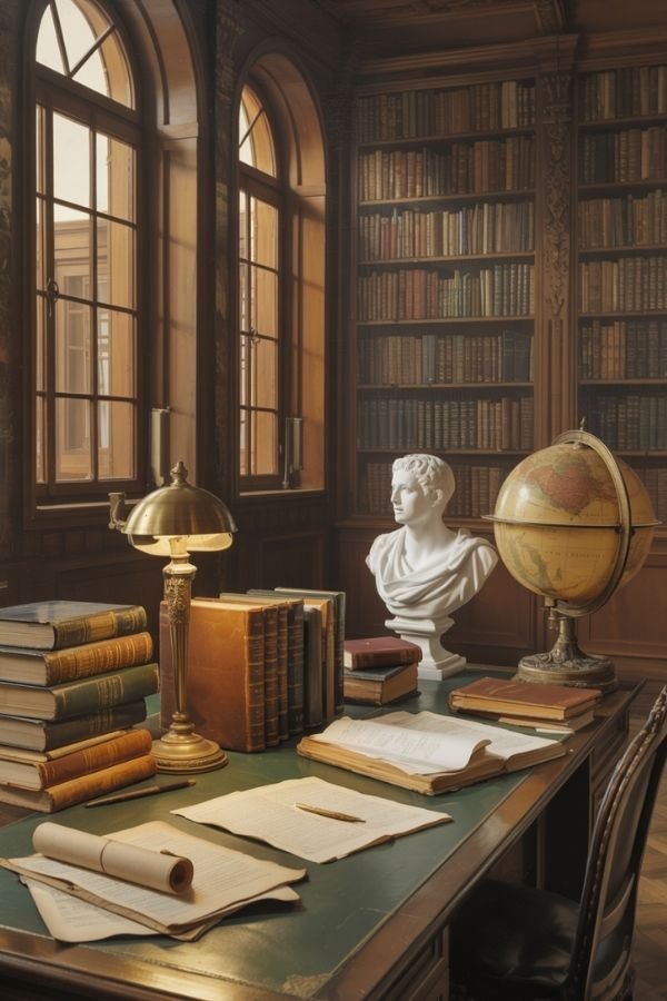 Biblioteca clássica com busto, globo e livros