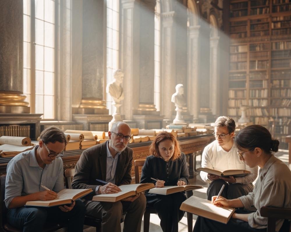 Buscadores estudando juntos em uma biblioteca