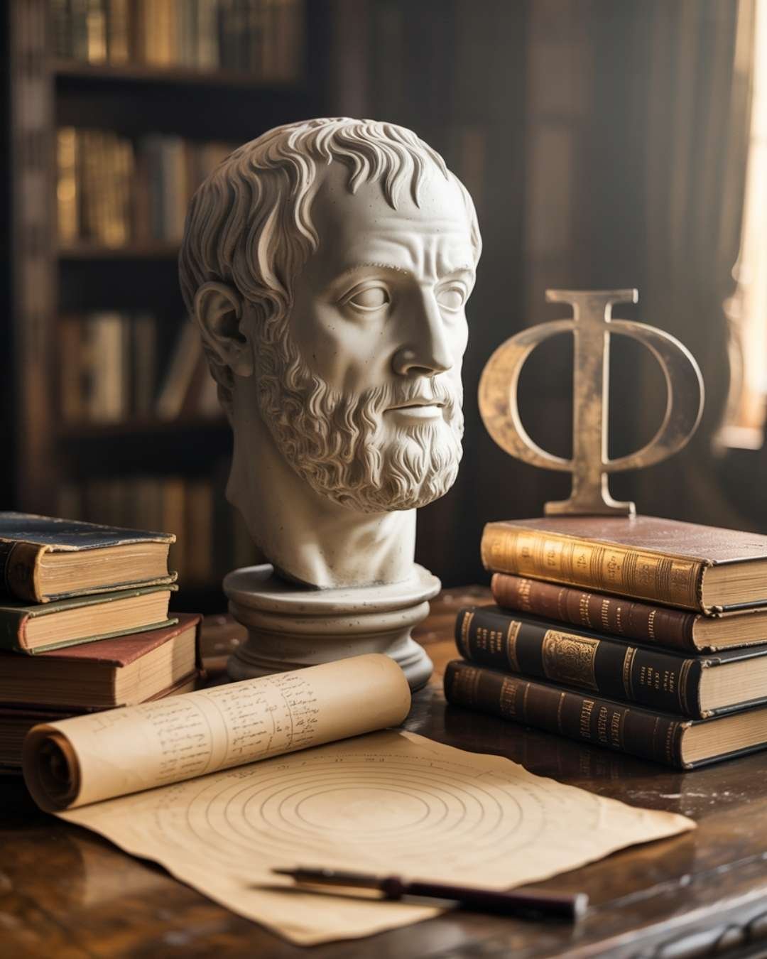 Busto de filósofo grego ao lado da letra Phi