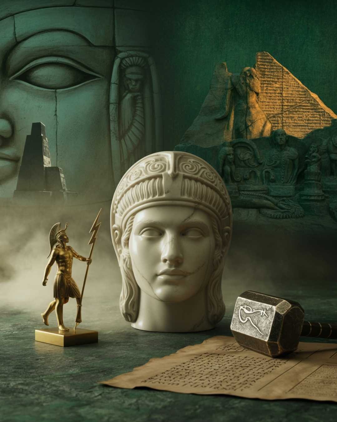 Esculturas e símbolos de antigas mitologias