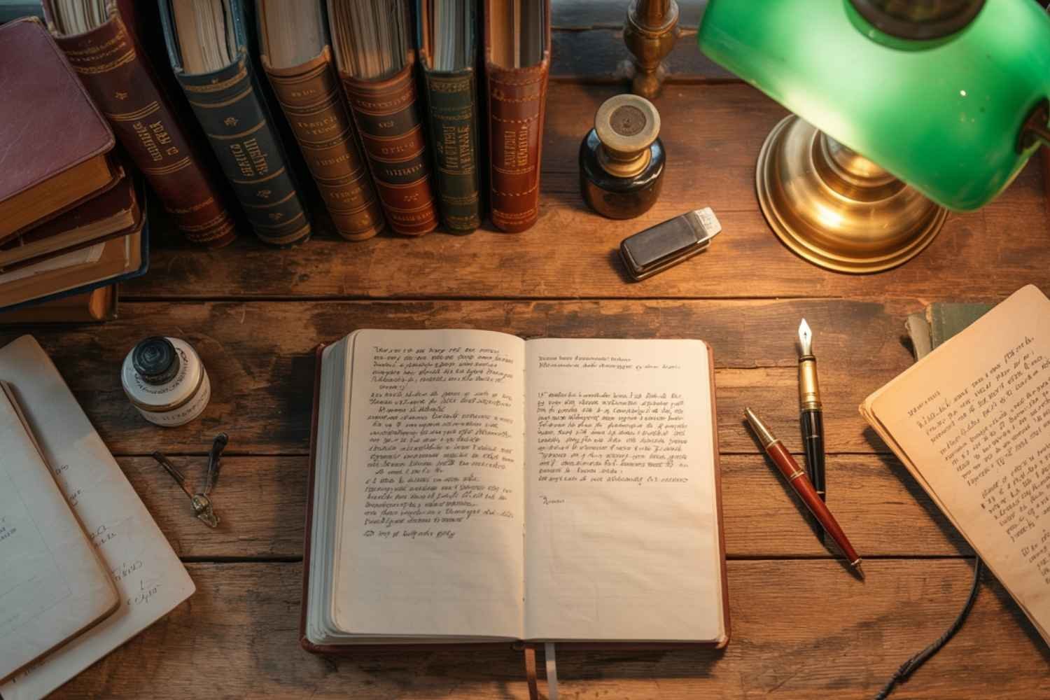 Mesa de estudos com livros clássicos, tinteiro e pena